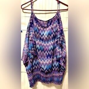 🍉 Myth NYC Purple Blue Chevron Open Shoulder Ruched Waist Shirt